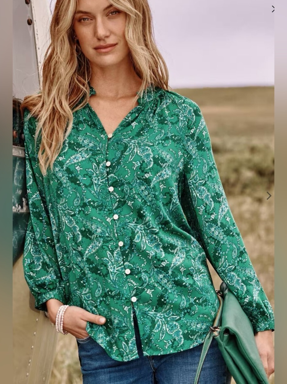 J Jill Small Petite Women's Ruffled Satin Top Verdant Green Boho Paisley Western